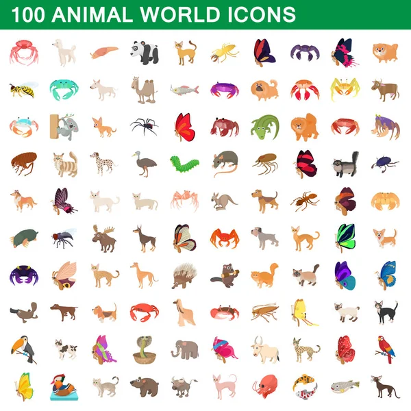 100 mundo animal conjunto, estilo de dibujos animados — Archivo Imágenes Vectoriales