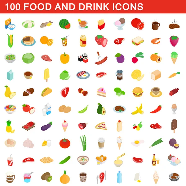 100 conjunto de iconos de alimentos y bebidas, estilo isométrico 3d — Vector de stock