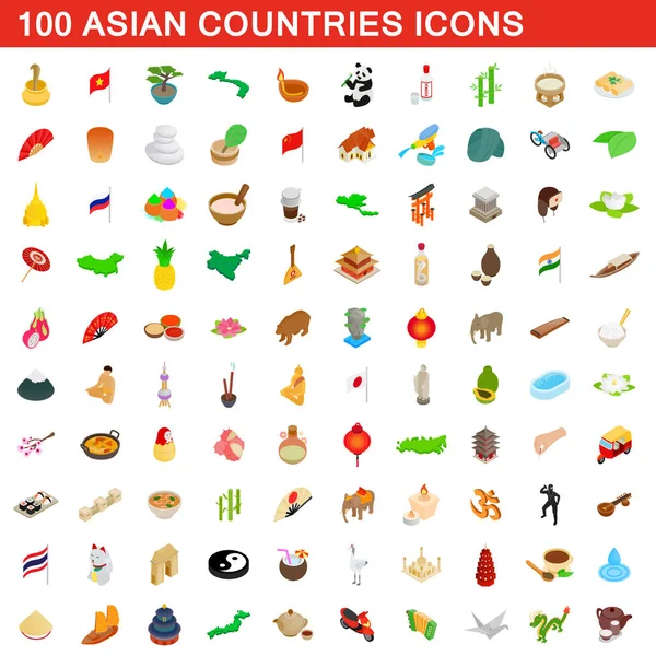 100 एशियाई देश प्रतीक सेट, आइसोमेट्रिक 3 डी शैली — स्टॉक वेक्टर