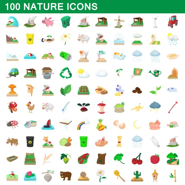 100 iconos de la naturaleza conjunto, estilo de dibujos animados — Vector de stock