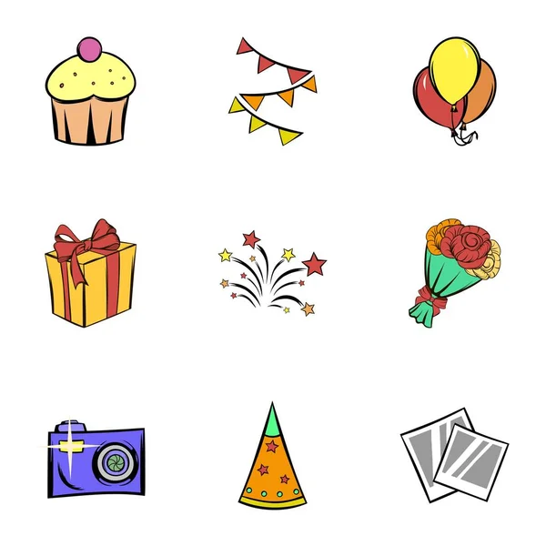 Birthday icons set, cartoon style — Stock Vector