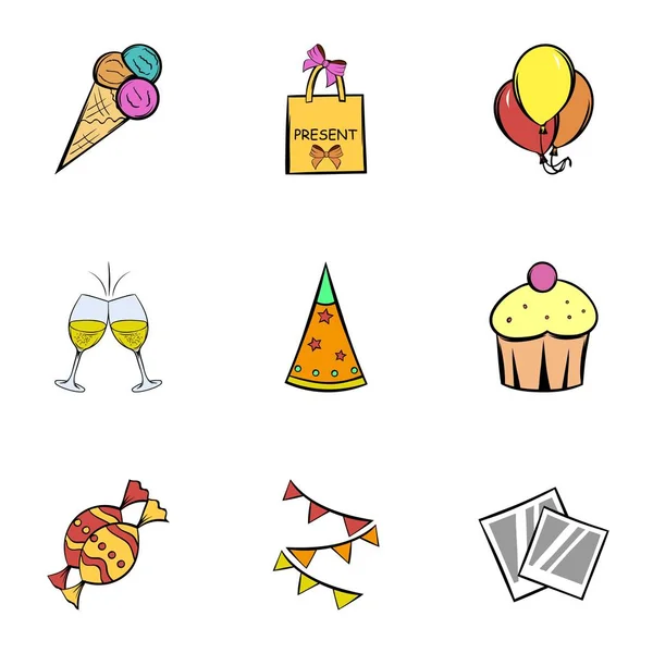 Conjunto de iconos de celebración de cumpleaños, estilo de dibujos animados — Vector de stock