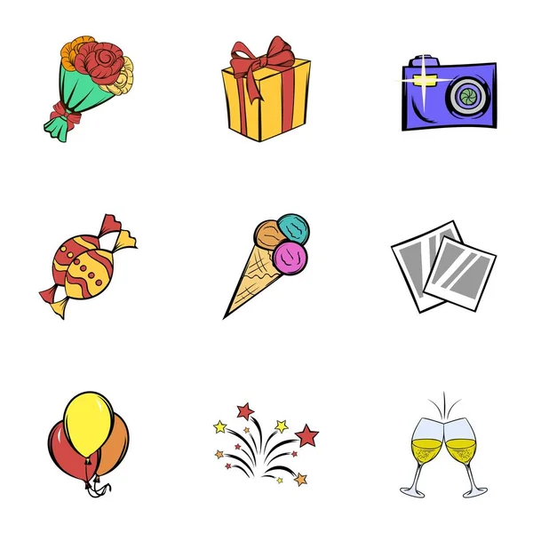 Birthday party icons set, cartoon style — Stock Vector