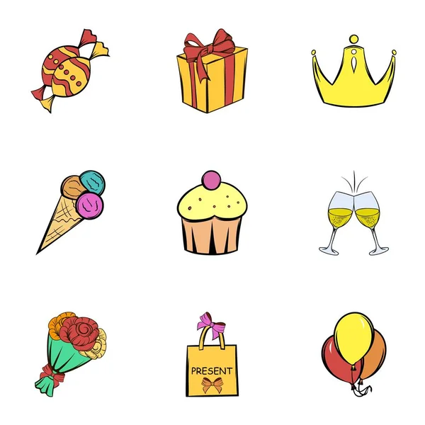 Happy birthday icons set, cartoon style — Stock Vector