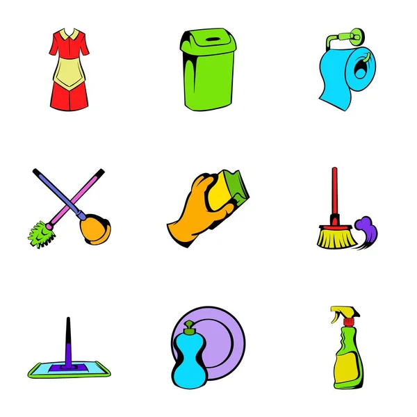 Set di icone per la pulizia, stile cartone animato — Vettoriale Stock