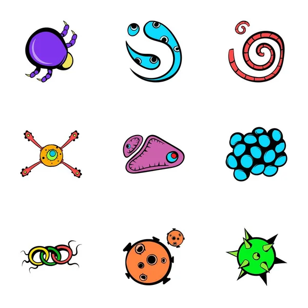 Ensemble d'icônes de bactéries, style dessin animé — Image vectorielle