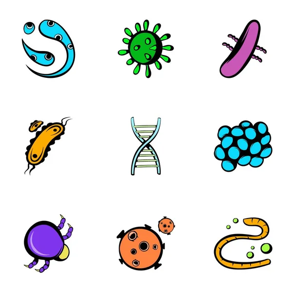 Ensemble d'icônes de microbiologie, style dessin animé — Image vectorielle