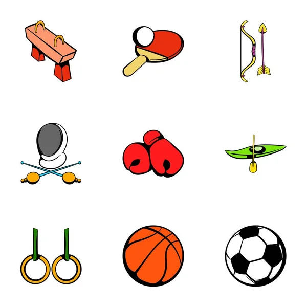 Αθλητισμός γυμναστήριο εικονίδια οριστεί, κινούμενα σχέδια στυλ — Διανυσματικό Αρχείο
