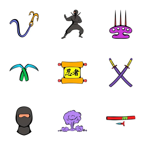 Ninja τέχνης εικόνες set, ύφος κινούμενων σχεδίων — Διανυσματικό Αρχείο