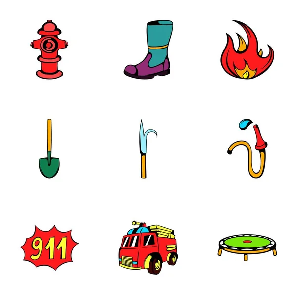 Set icone estintore, stile cartone animato — Vettoriale Stock