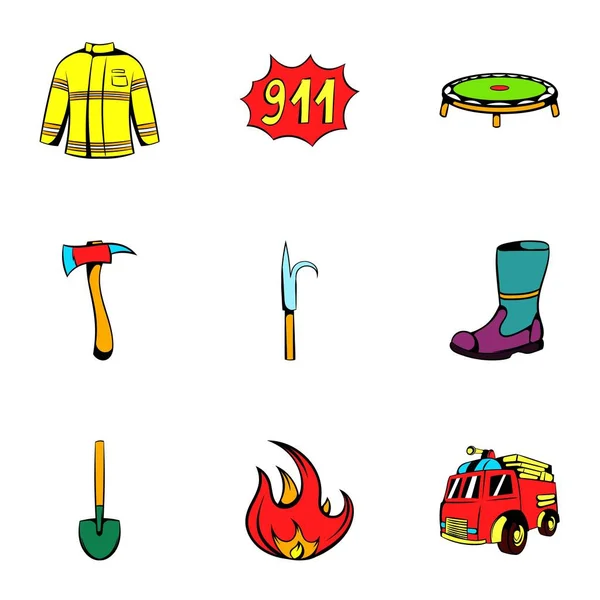 Équipement d'incendie icônes ensemble, style dessin animé — Image vectorielle