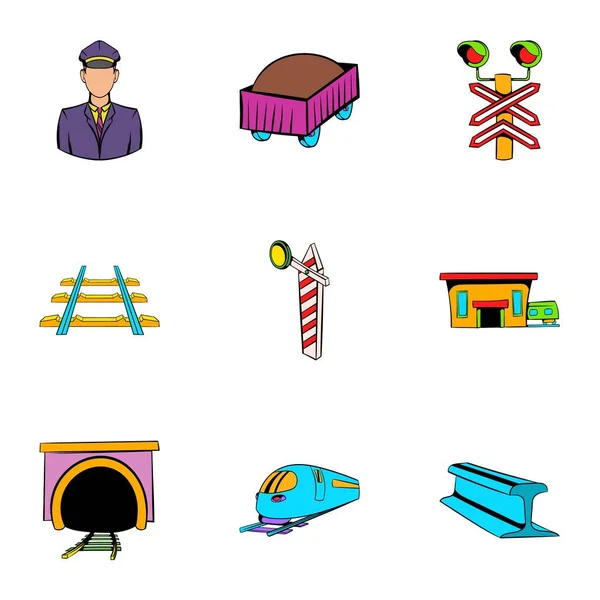 Conjunto de iconos del ferrocarril, estilo de dibujos animados — Vector de stock