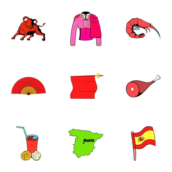 Ensemble d'icônes espagnoles, style dessin animé — Image vectorielle