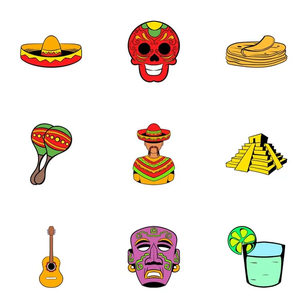 Conjunto de iconos de cultura mexicana, estilo de dibujos animados — Vector de stock