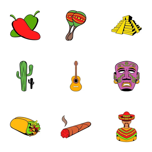 Conjunto de iconos de viaje mexicanos, estilo de dibujos animados — Vector de stock