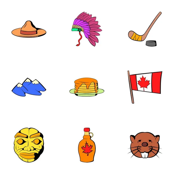 캐나다 여행 아이콘 세트, 만화 스타일 — 스톡 벡터