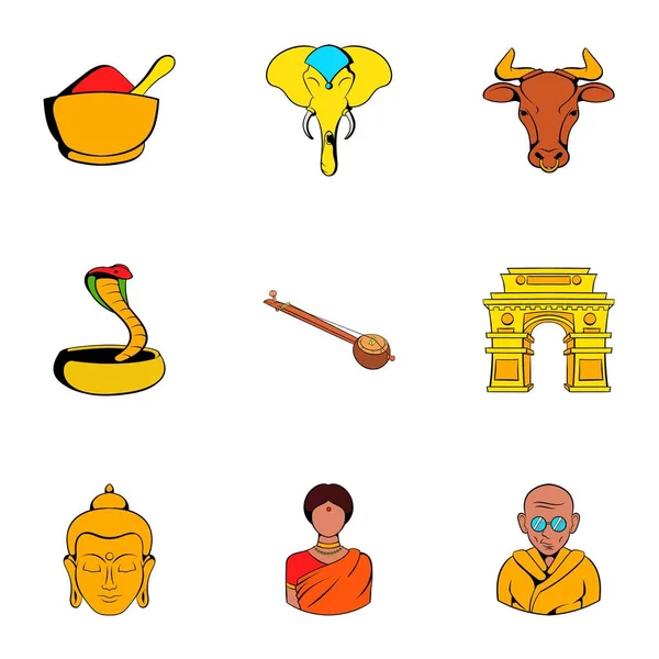 Ikonen der indischen Kultur gesetzt, Cartoon-Stil — Stockvektor