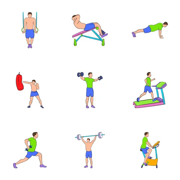 Exercices physiques icônes ensemble, style dessin animé — Image vectorielle