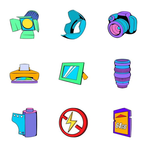 Conjunto de iconos de cámara, estilo de dibujos animados — Vector de stock