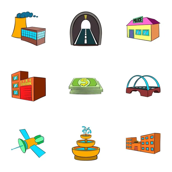 Stad objecten iconen set, cartoon stijl — Stockvector