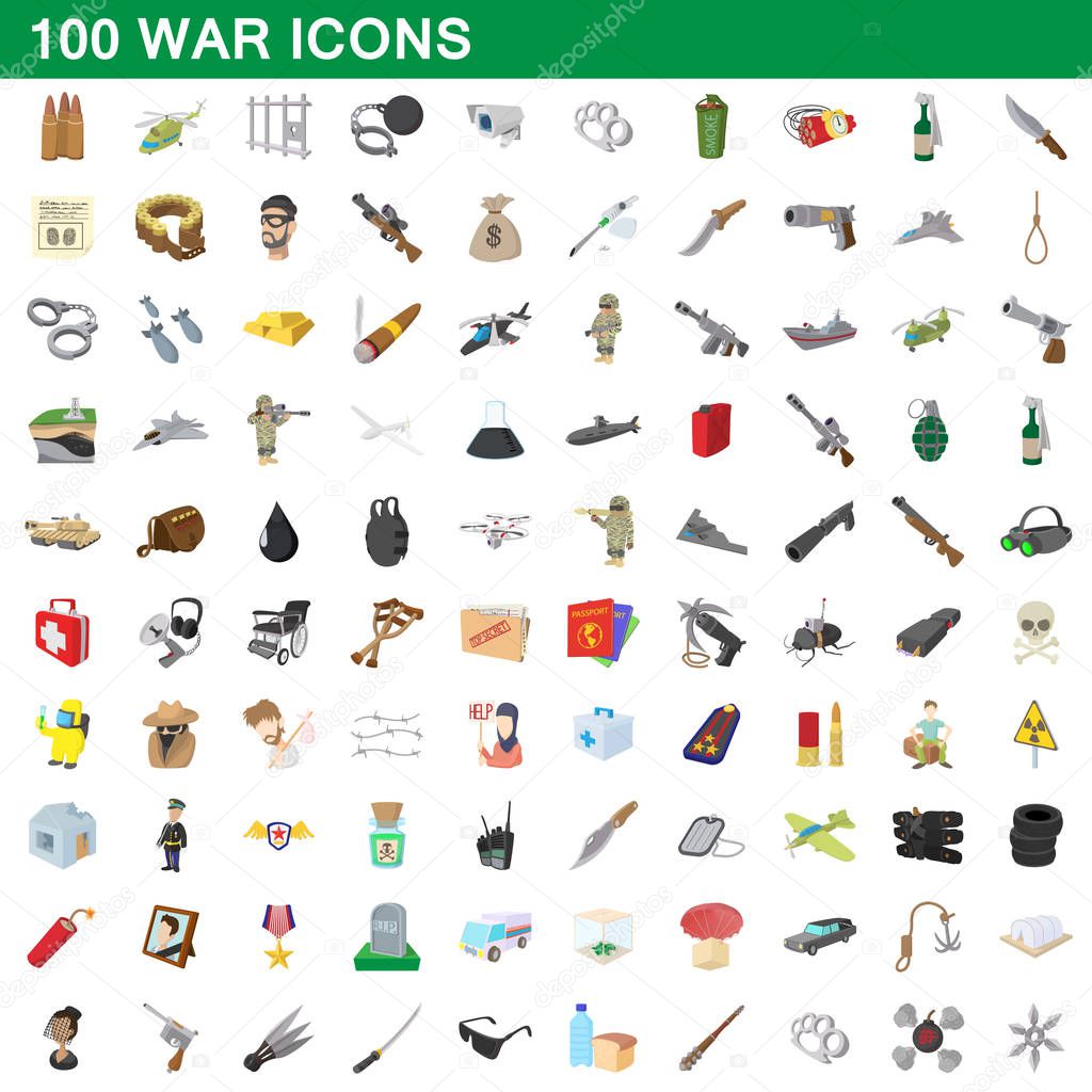 100 war icons set, cartoon style