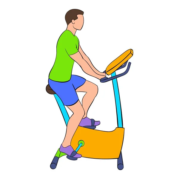 Homem treinando em um ícone de bicicleta estacionária desenhos animados —  Vetores de Stock