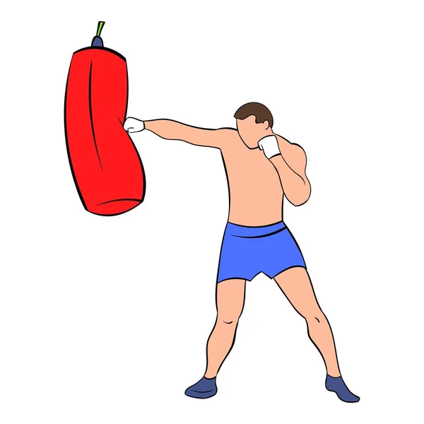 Boxeador golpeando el icono de la bolsa de perforación de dibujos animados — Vector de stock