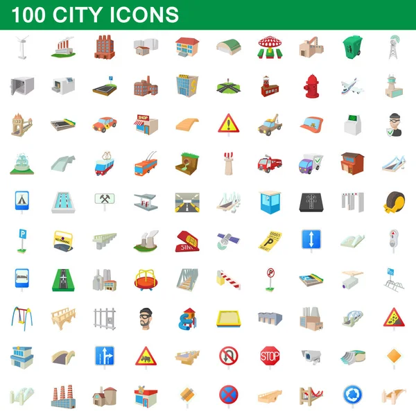 100 iconos de la ciudad conjunto, estilo de dibujos animados — Vector de stock