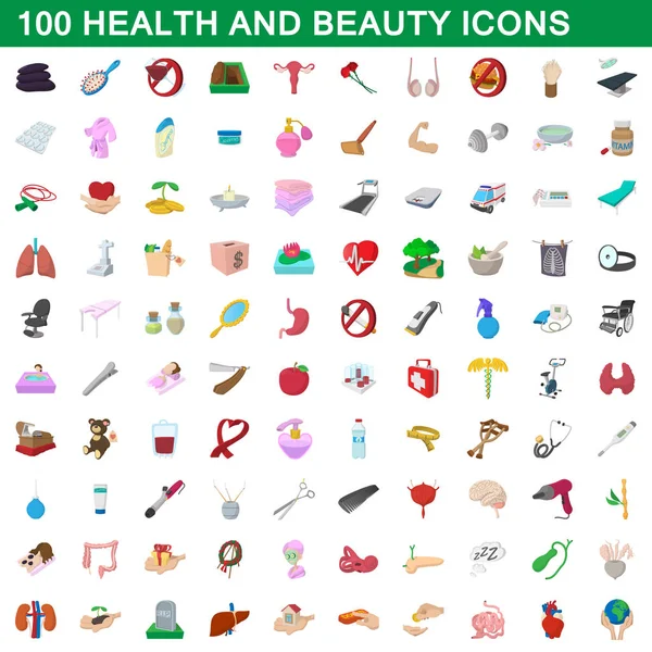 100 set di icone della salute e della bellezza, stile cartone animato — Vettoriale Stock