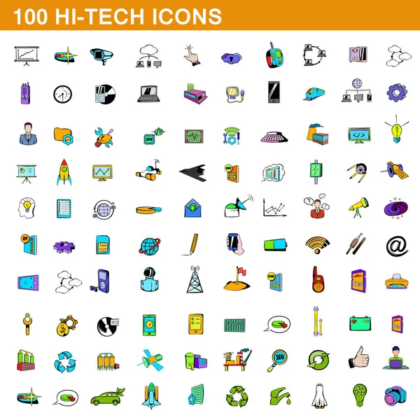 100 iconos de alta tecnología conjunto, estilo de dibujos animados — Vector de stock