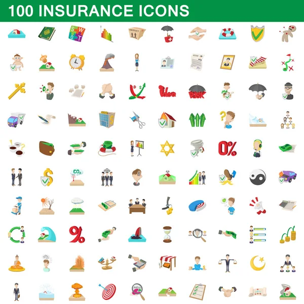 100 iconos de seguro conjunto, estilo de dibujos animados — Vector de stock