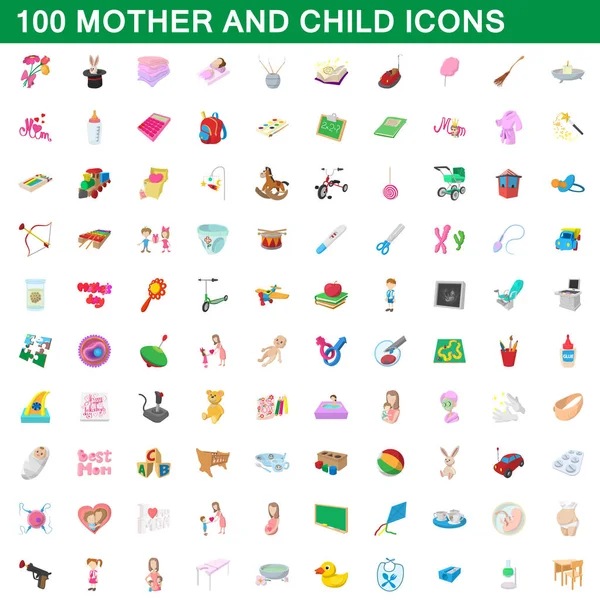 100 madre y el niño iconos conjunto, estilo de dibujos animados — Vector de stock
