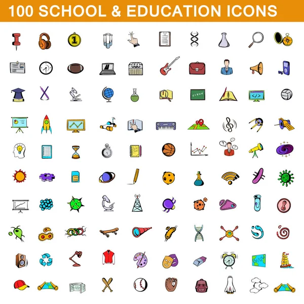 100 conjunto de iconos escolares y educativos, estilo de dibujos animados — Vector de stock