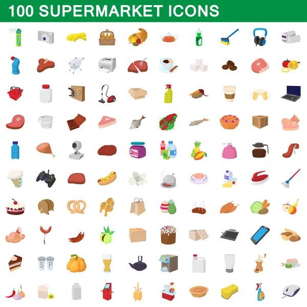 Ensemble de 100 supermarchés, style dessin animé — Image vectorielle
