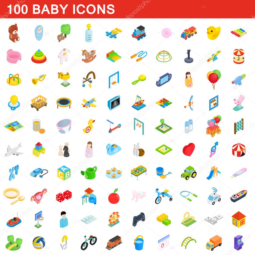 100 baby icons set, isometric 3d style