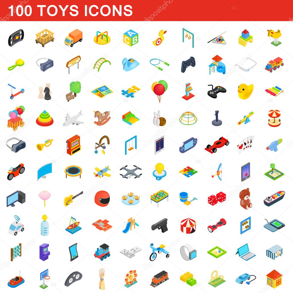 100 toys icons set, isometric 3d style