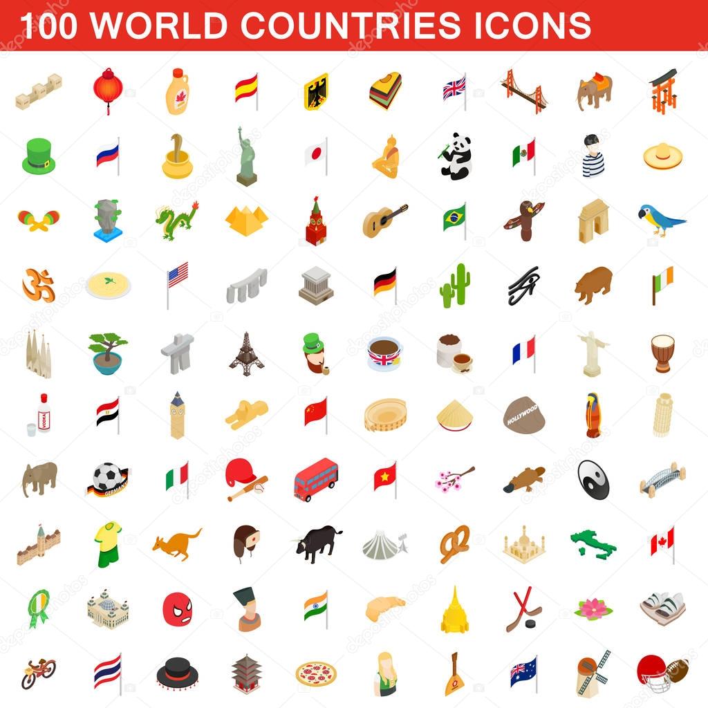 100 World countries icons set, isometric 3d style