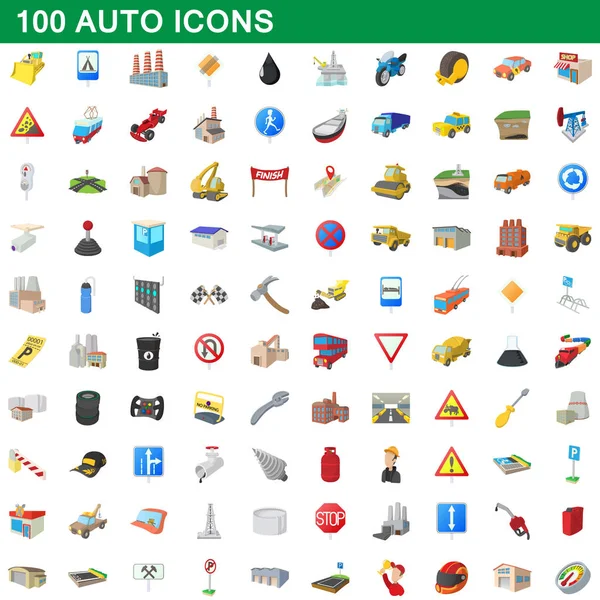 100 iconos de auto conjunto, estilo de dibujos animados — Vector de stock