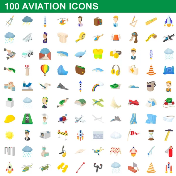 100 iconos de la aviación conjunto, estilo de dibujos animados — Vector de stock