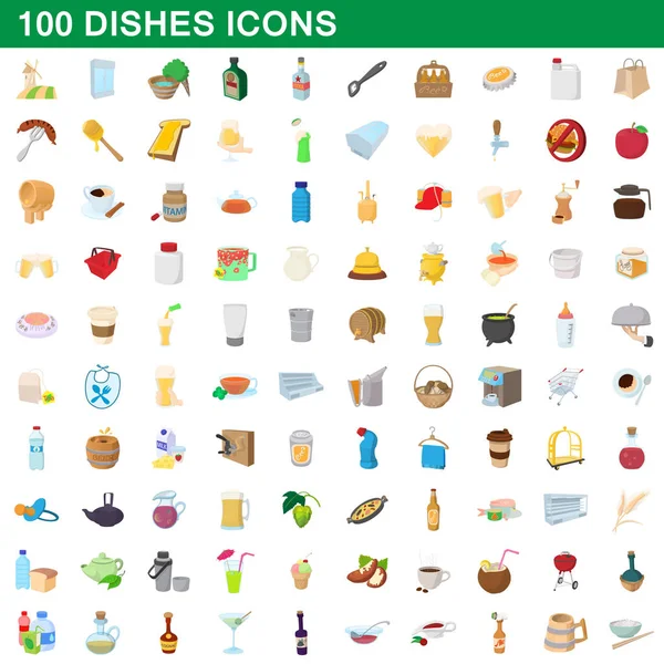 100 platos iconos conjunto, estilo de dibujos animados — Vector de stock