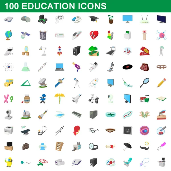100 conjunto de ícones de educação, estilo dos desenhos animados — Vetor de Stock