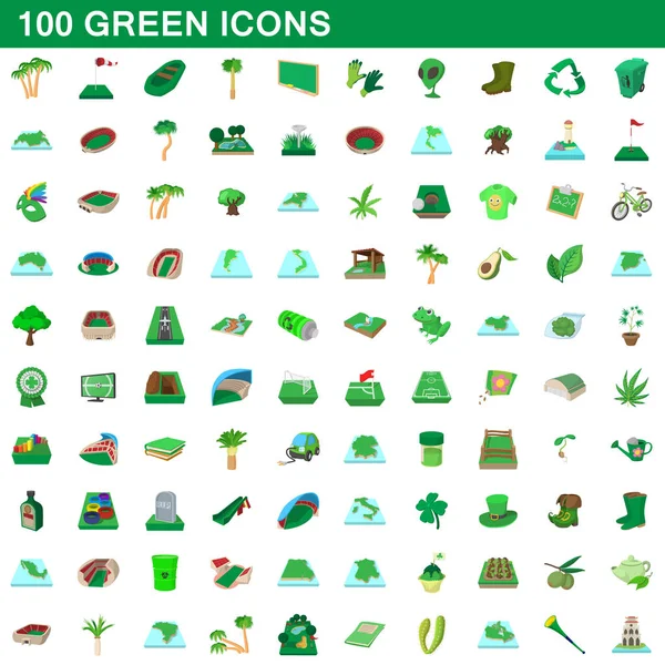 100 iconos verdes, estilo de dibujos animados — Vector de stock