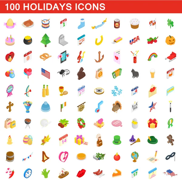 100 vakantie iconen set, isometrische 3D-stijl — Stockvector