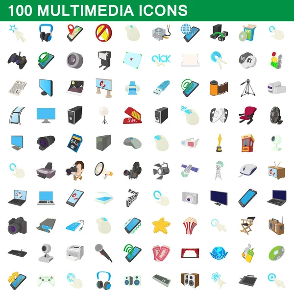 100 iconos multimedia conjunto, estilo de dibujos animados — Vector de stock
