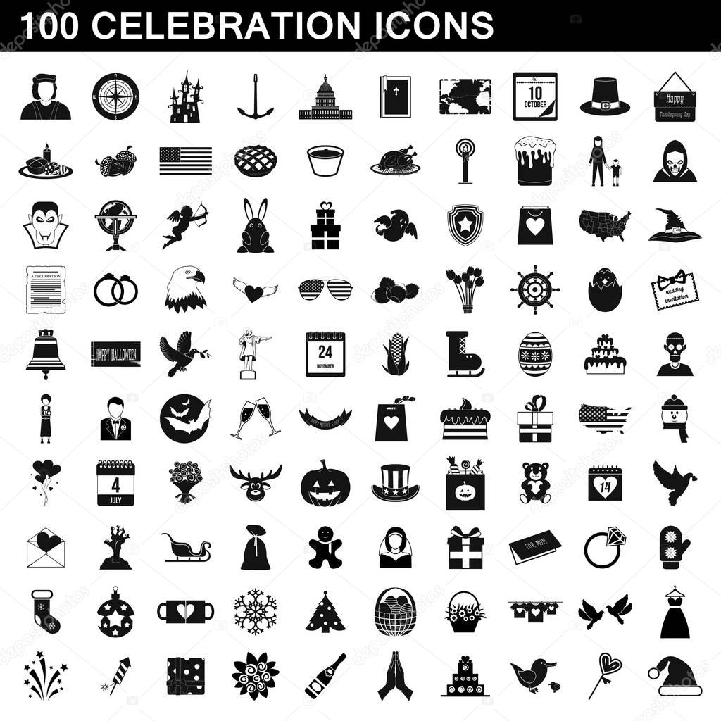 100 celebration icons set, simple style