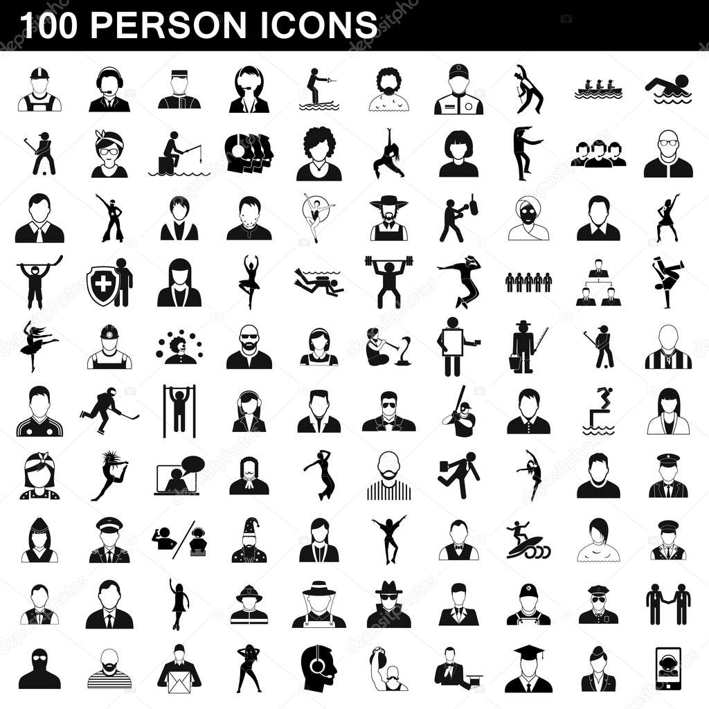 100 person icons set, simple style