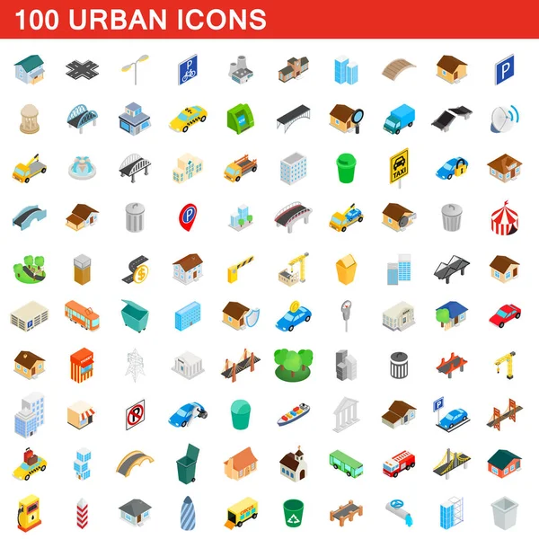 100 urbane Symbole gesetzt, isometrischer 3D-Stil — Stockvektor