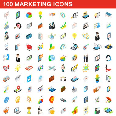 100 marketing icons set, isometric 3d style clipart