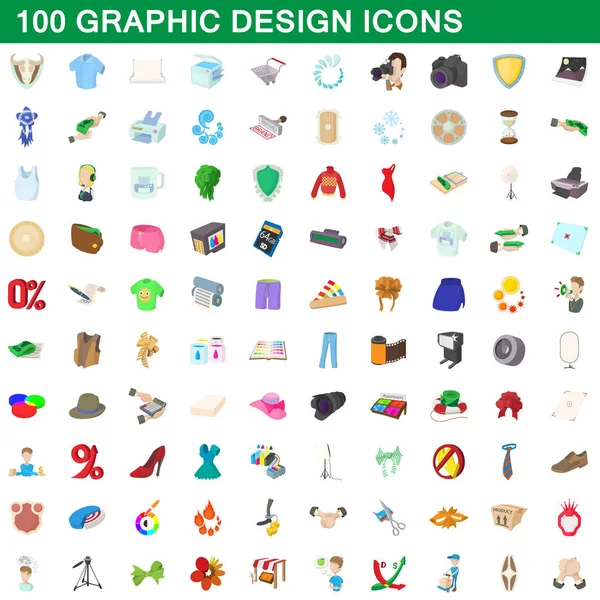 100 iconos de diseño gráfico conjunto, estilo de dibujos animados — Vector de stock