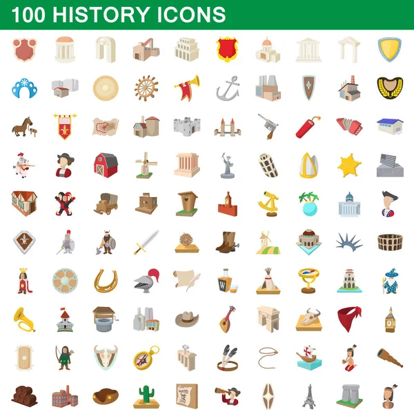 100 개의 역사 아이콘, 만화 스타일 — 스톡 벡터